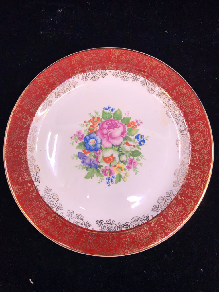 38 PC VTG RED W GOLD ACCENTS AND FLORAL SERV FOR 4.