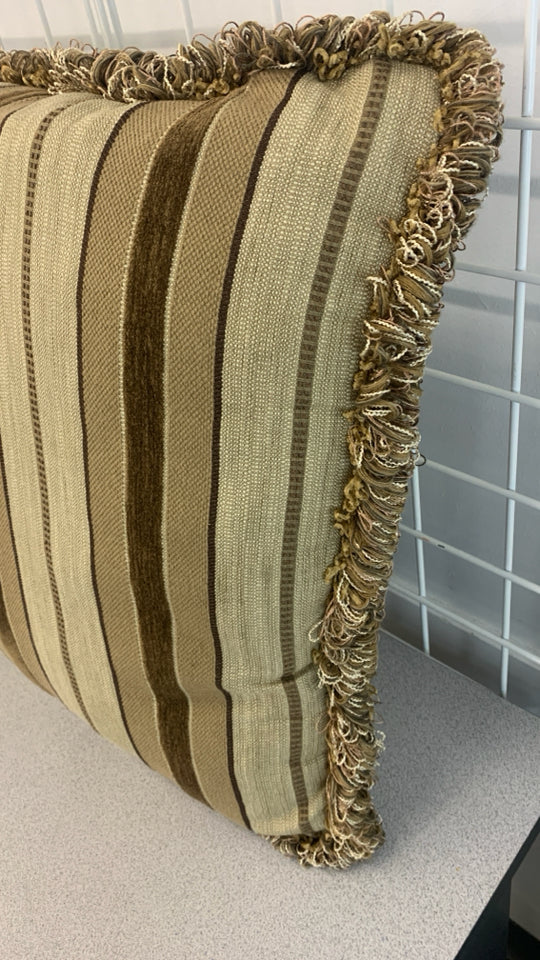 TAN AND BROWN STRIPE PILLOW W/FRINGE.