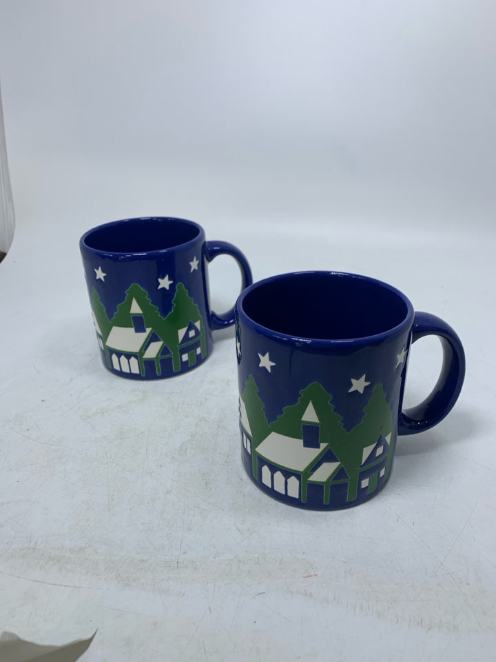 2 DARK BLUE WAECHTERSBACH CHRISTMAS VILLAGE MUGS.