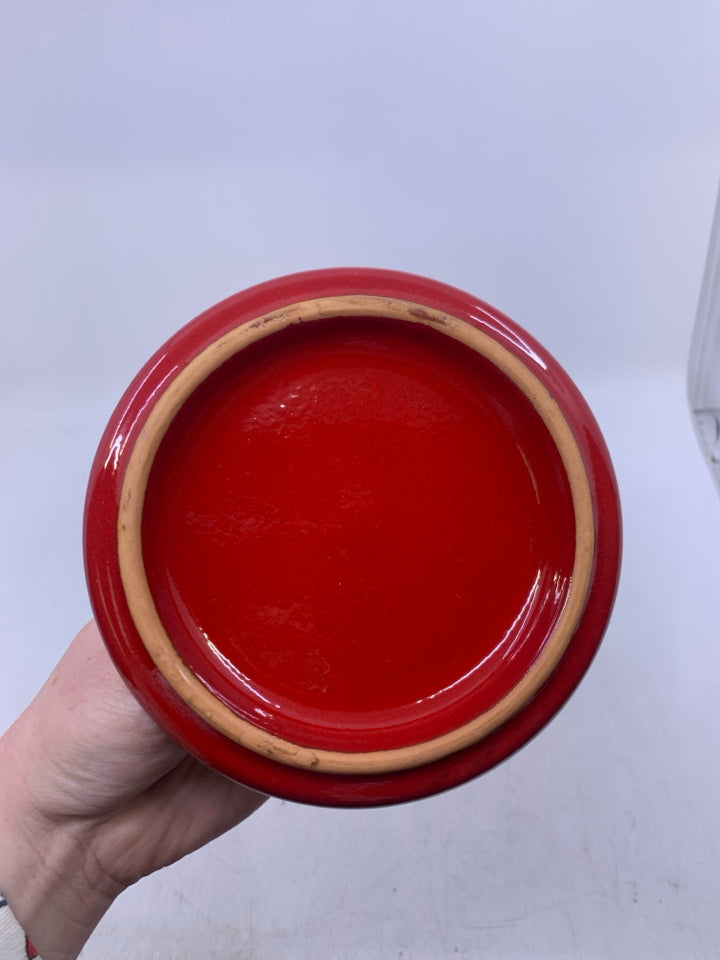 DARK RED STONEWARE CANISTER.