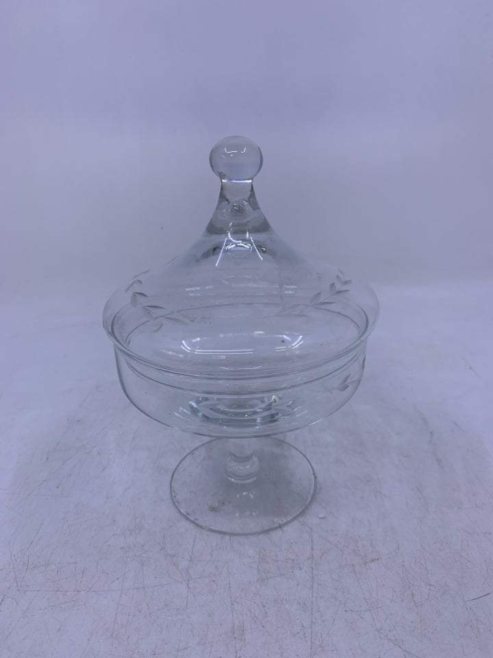 VTG ETCHED LEAVES FOOTED COVERED CANDY DISH.