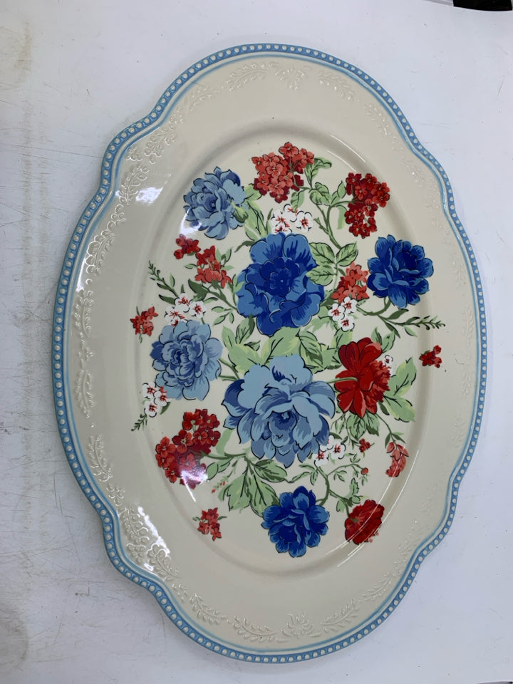 LARGE RE,BLUE FLORAL BEADED EDGE SERVING PLATTER.
