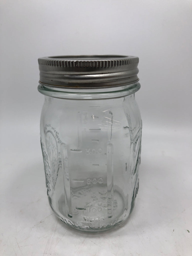 GLASS BALL MASON JAR W/SCREW LID.
