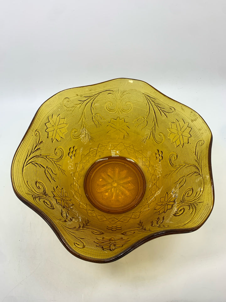 VTG AMBER GLASS BOWL W/EMBOSSED FLOWERS.