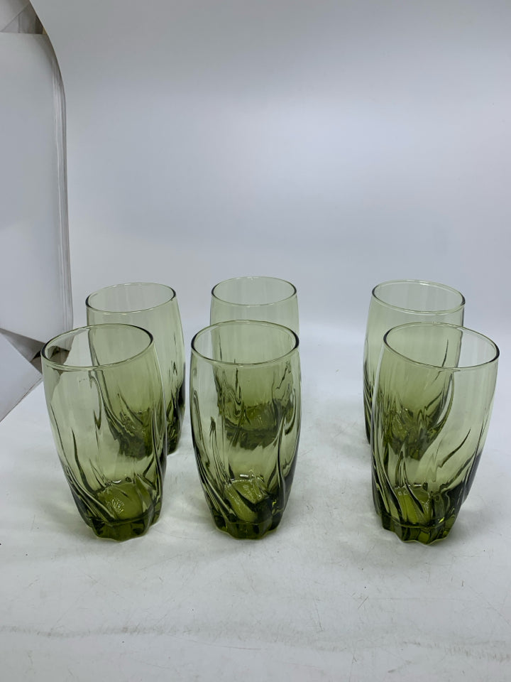 6 VTG AVOCADO GREEN SWIRL WAVE WATER GLASSES.