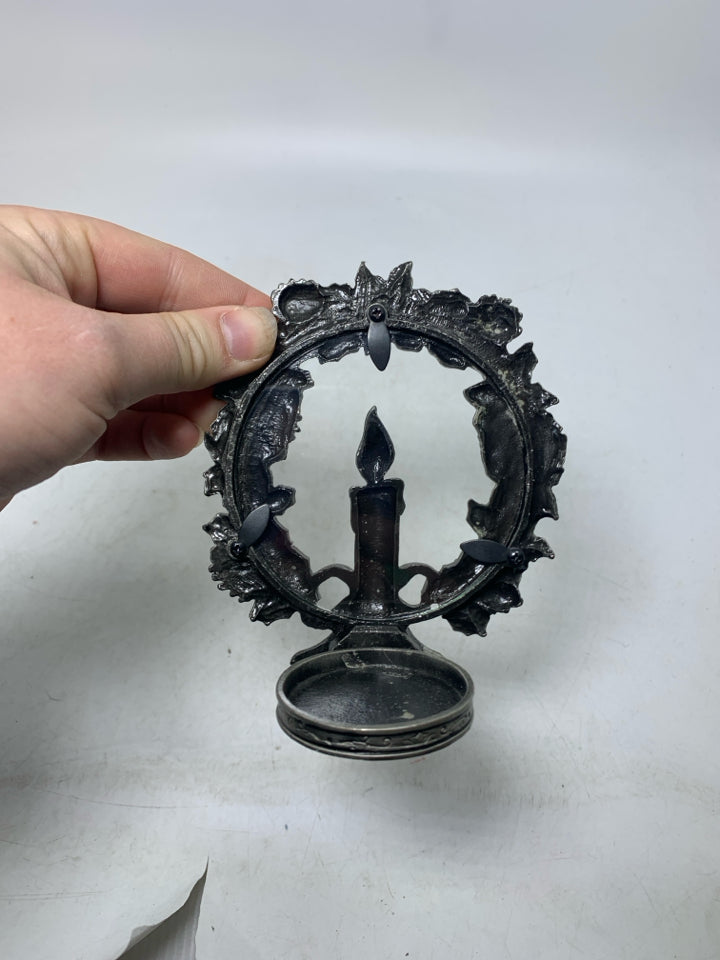 PEWTER COLORED METAL TEALIGHT HOLDER W/ CANDLE WREATH.