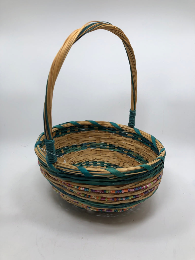 BLUE BEADED WICKER BASKET.