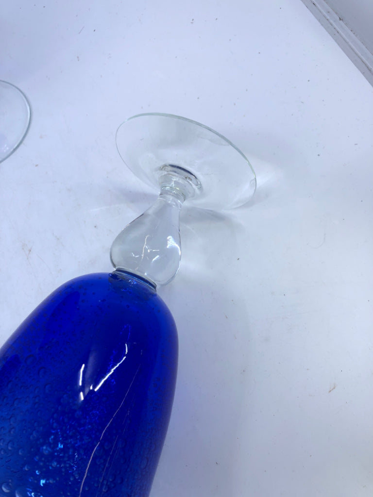 6 BLUE GLASS WINE GOBLETS.