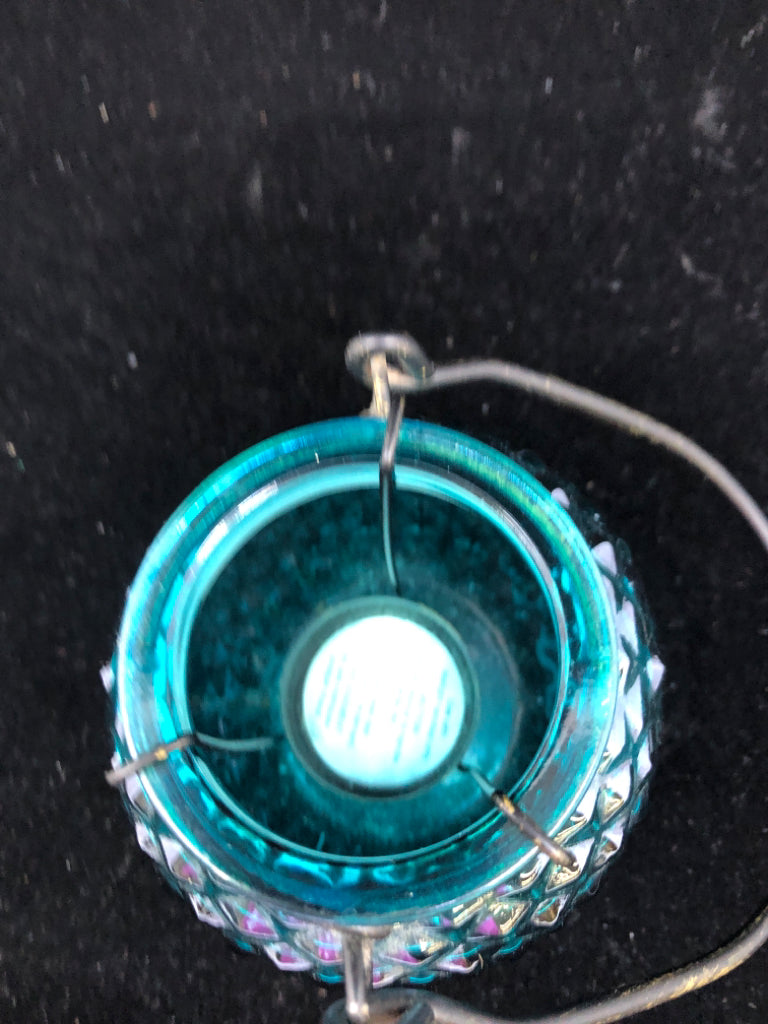 TEAL GLASS LANTERN TEA LIGHT HOLDER.