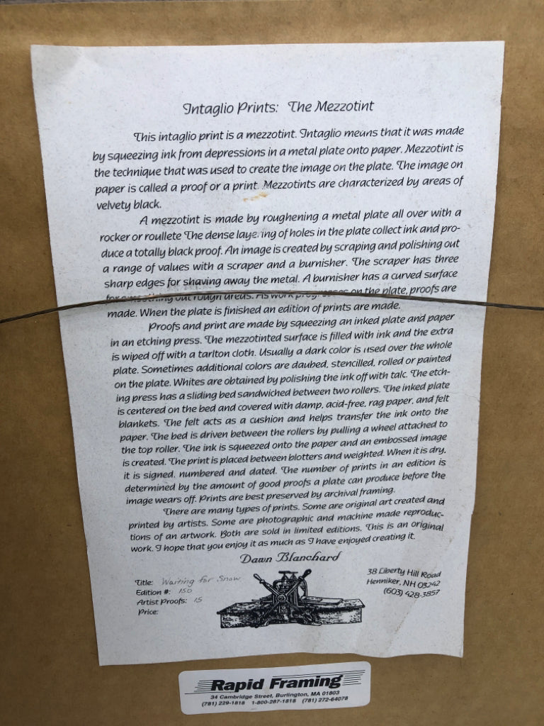 MEZZOTINT BARN IN THE WINTER "WAITING FOR SNOW" WALL ART.