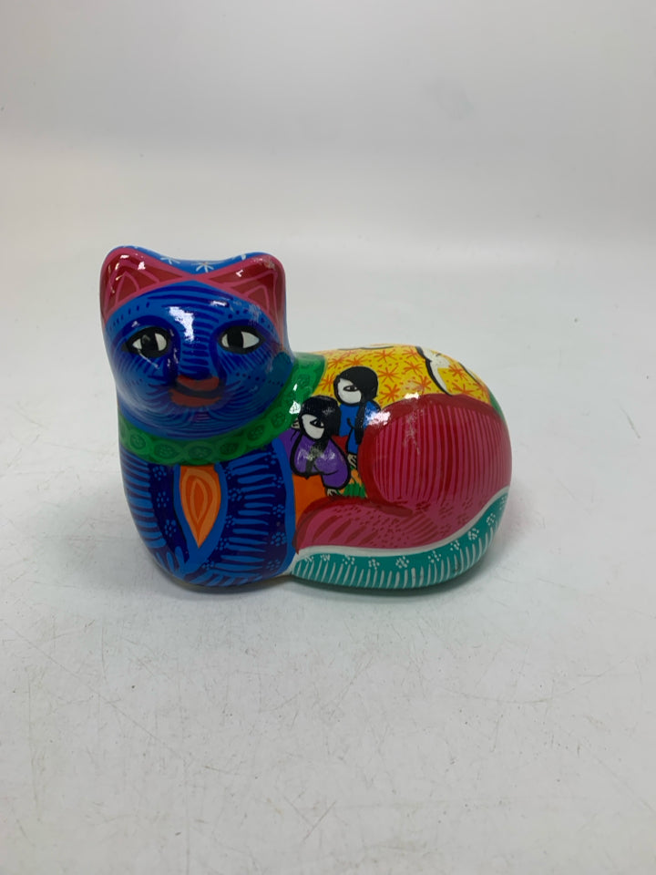 COLORFUL PAINTED SITTING CAT MADE IN MEXICO.