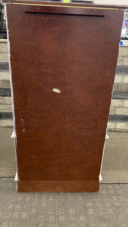 WHITE STORAGE JEWELRY ARMOIRE W/GREEN VELVET INTERIOR.
