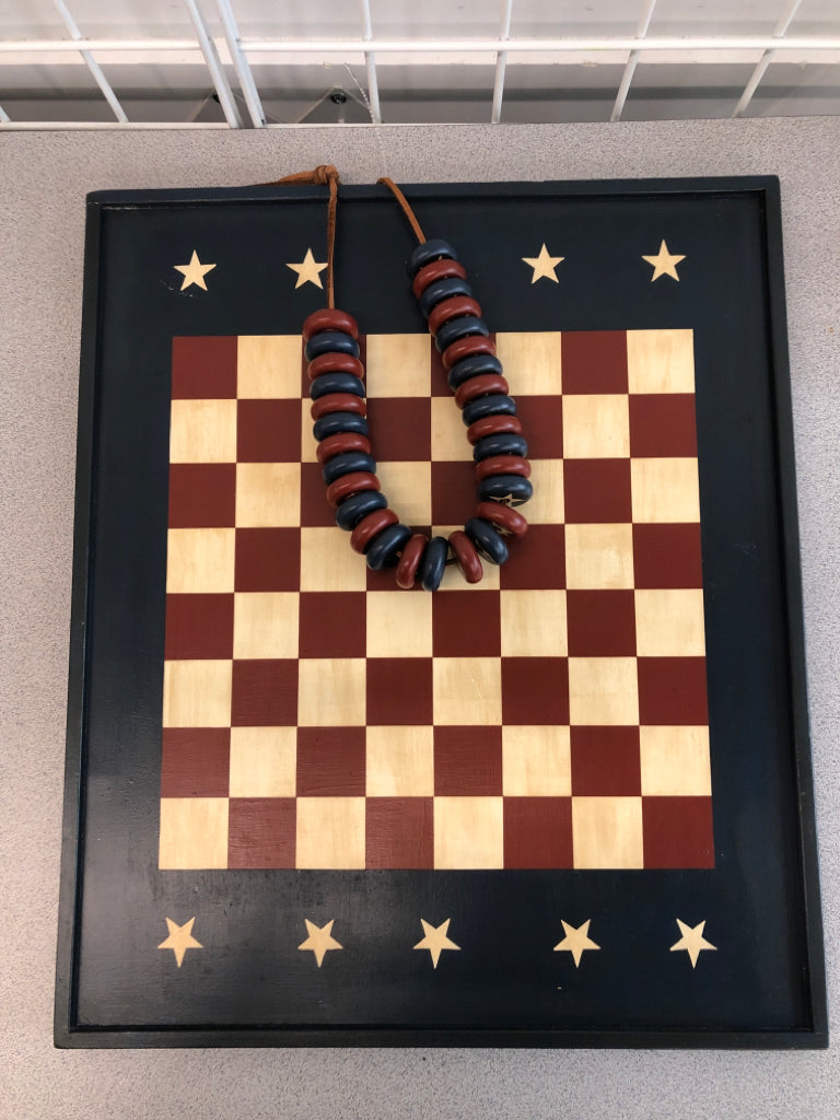 PRIMITIVE AMERICANA CHECKER BOARD W/PIECES.