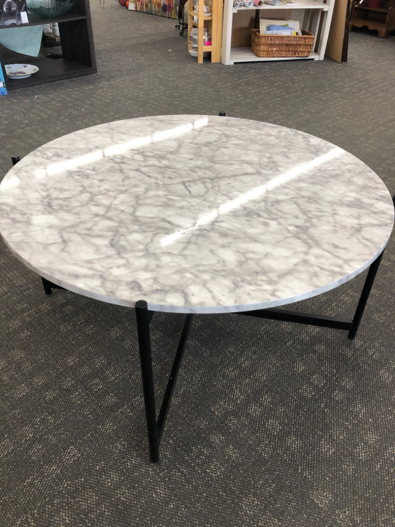 BLACK METAL LEG WHITE FAUX MARBLE TOP COFFEE TABLE.