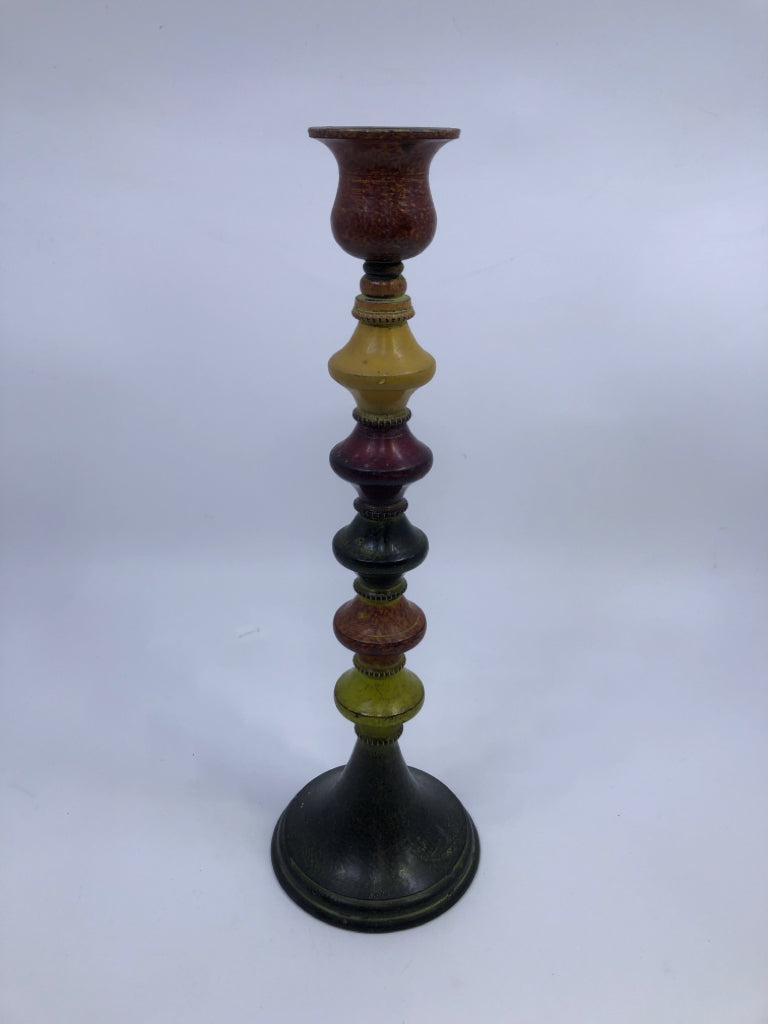 MULTI COLORED DISTRESSED CANDLE HOLDER.