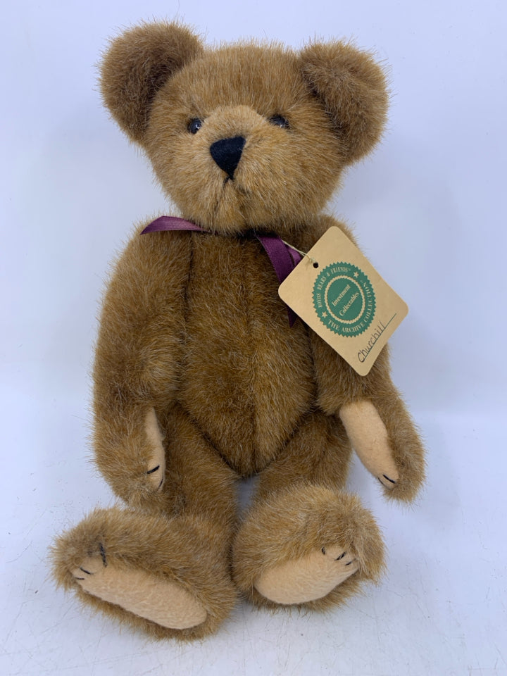 LIGHT BROWN BEAR W/ MAROON BOW.