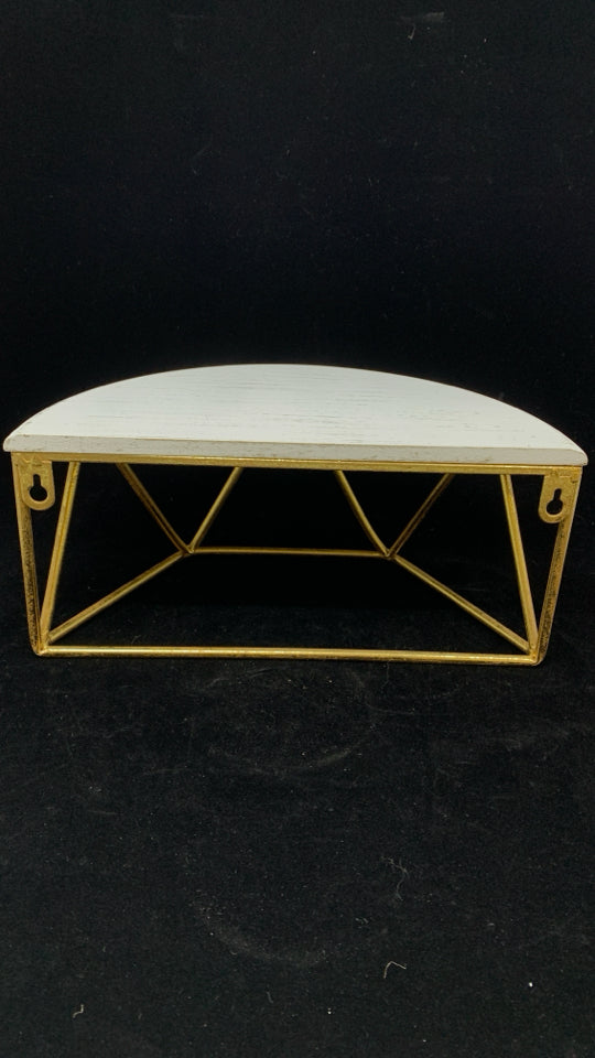 WHITE WOOD HALF CIRCLE SHELF W/GOLD BASE.