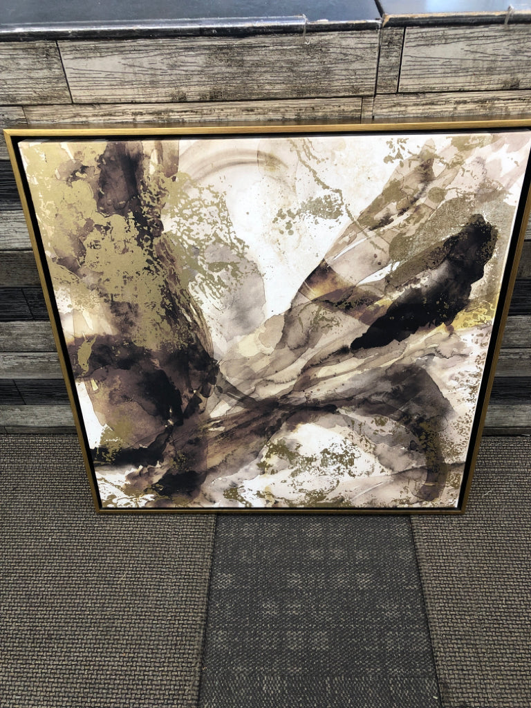 LARGE ABSTRACT ON CANVAS W/GOLD FRAME.