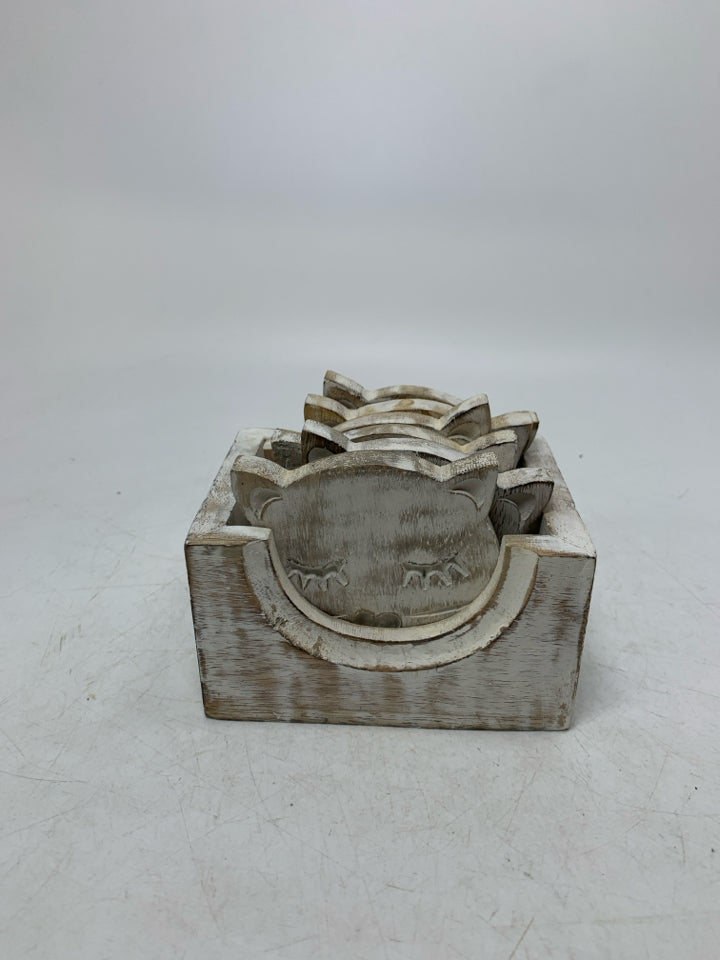 WHITE WASHED CAT FACES COASTERS W/ HOLDER.