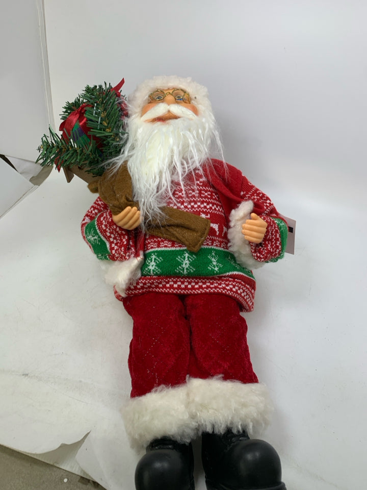 NWT SITTING SHELF SANTA W/ SACK OF PRESENTS & TREE.