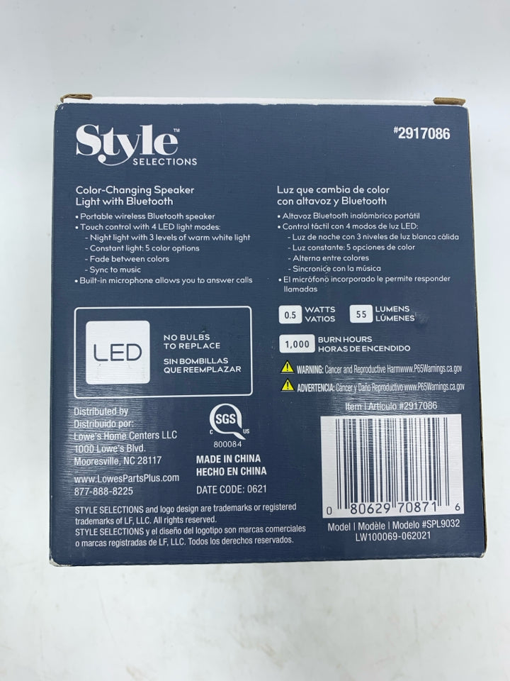 NIB STYLE SELECTIONS COLOR-CHANGING BLUETOOTH SPEAKER.