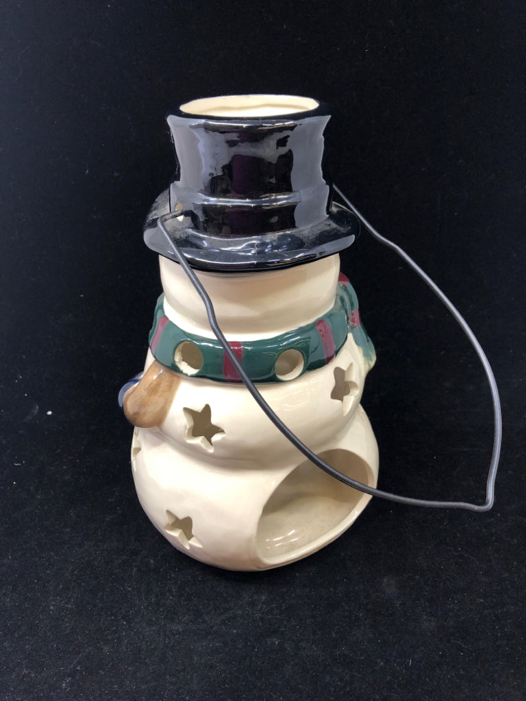LARGE SNOWMAN TEA LIGHT HOLDER W/WIRE HANDLE.