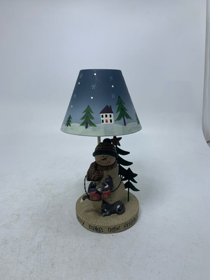 PRIMITIVE STYLE SMALL SNOWMAN HOLDING CAT LAMP TEA LIGHT HOLDER.