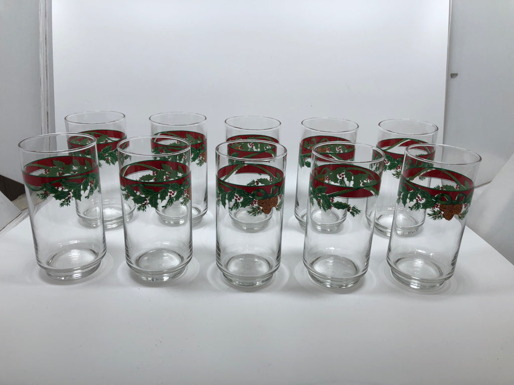 10PC RIBBON, PINECONE, HOLLY TUMBLER SET.