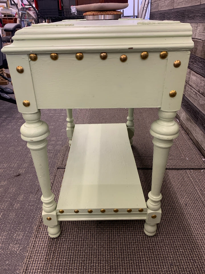 SMALL GREEN BOTTOM SHELF GOLD STUDDED SIDE TABLE.