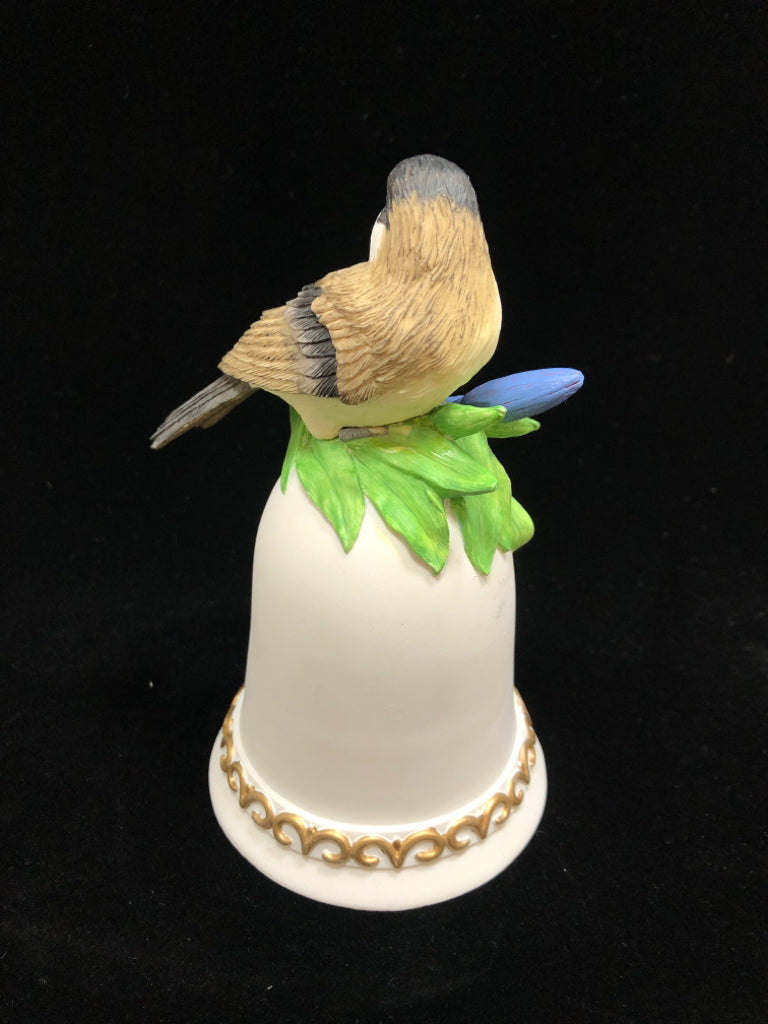 CHICKADEE ON BLUE FLOWER PORCELAIN MUSIC BOX.
