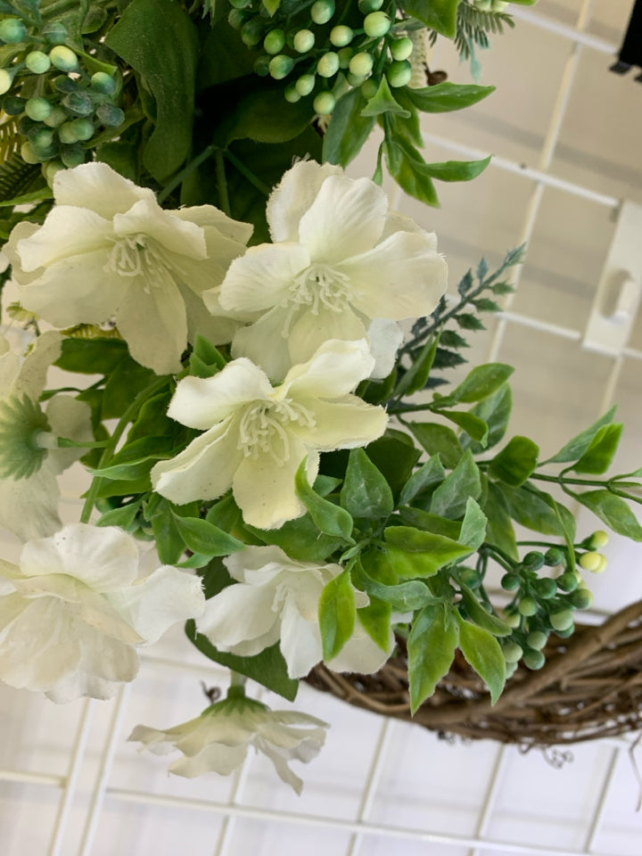 TWIG WREATH W/FAUX WHITE FLORAL GREENERY & WOOD BEAD HOME SIGN.