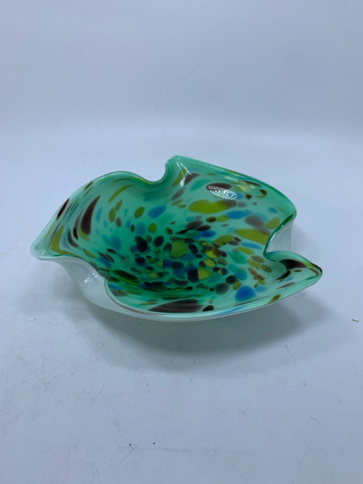 TEAL ABSTRACT BLOWN GLASS CATCH ALL BOWL W/ COLORED SPECKLES.