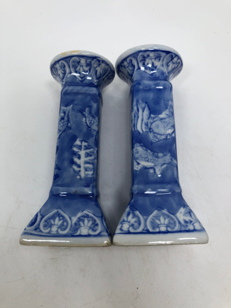 2 BLUE KOI FISH CANDLE STICKS.