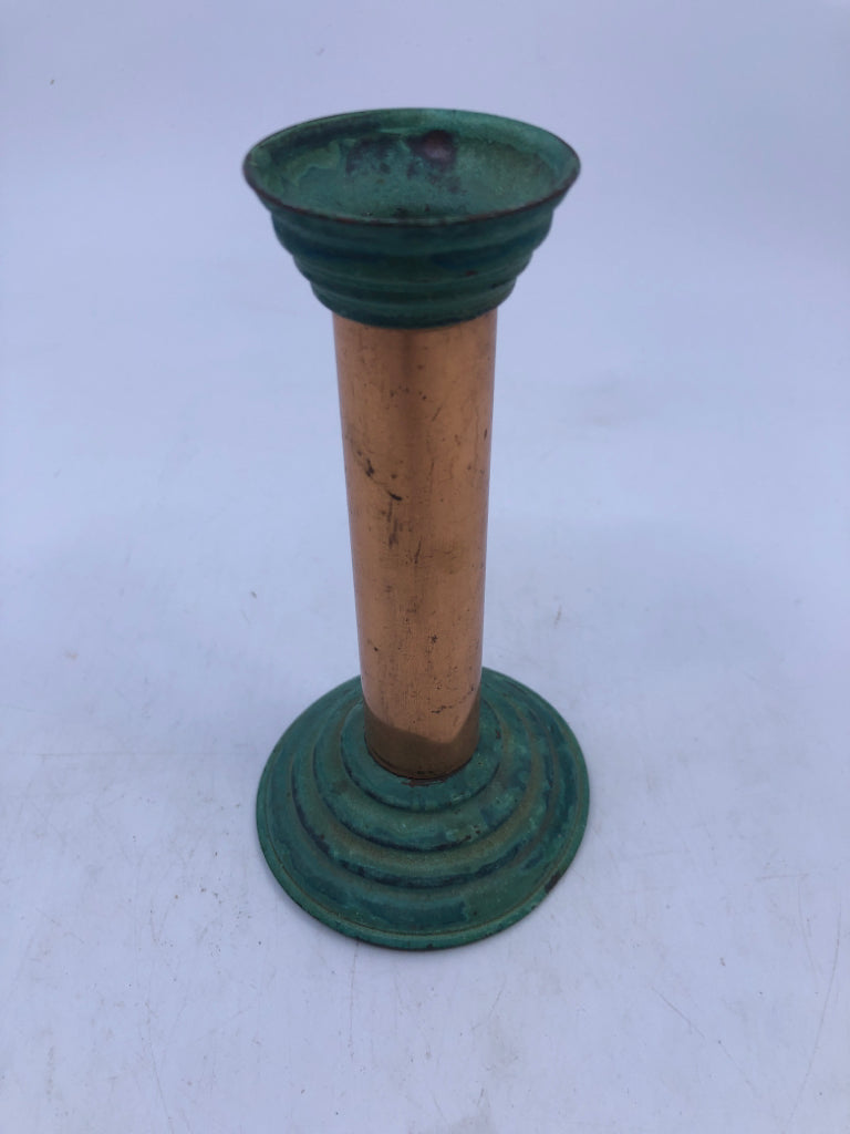 3 COPPER CANDLE HOLDERS W CANDLES.