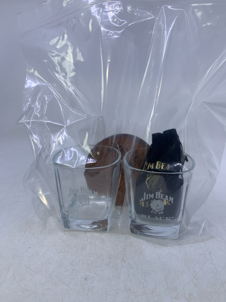 5 PC JIM BEAM GLASSWARE SET W/ COASTERS/WHISKEY STONES IN BAG.