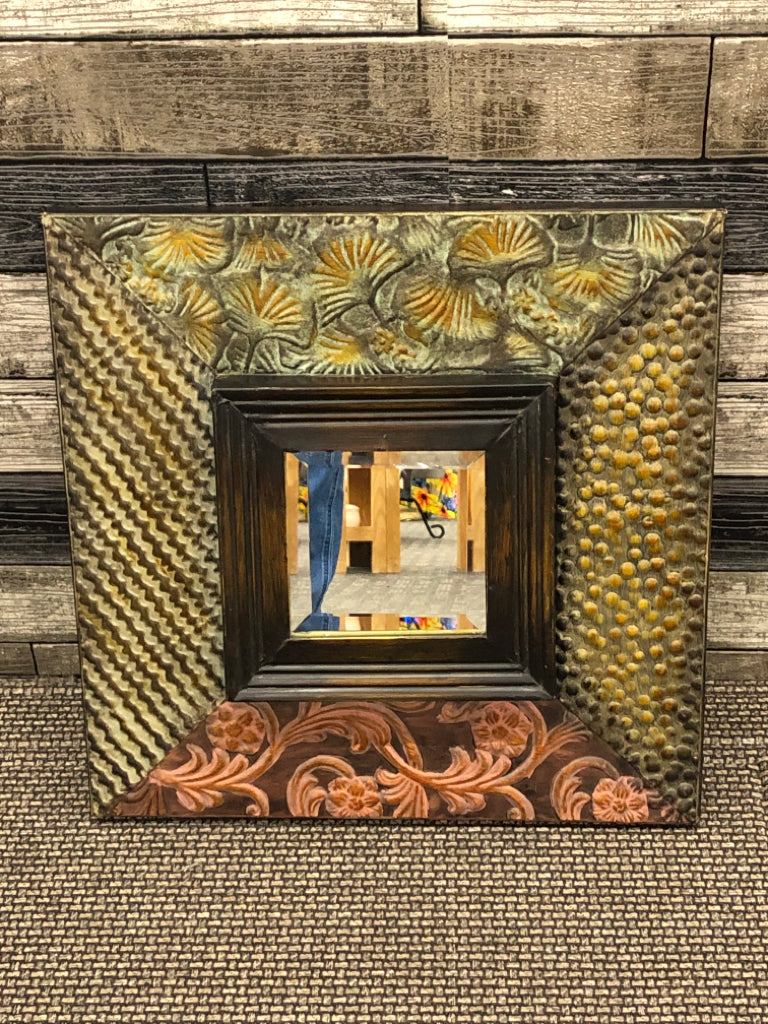 SQUARE MIRROR IN TIN MULTI COLORED FRAME.
