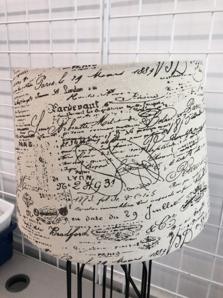 INDUSTRIAL LAMP W/SCRIPT SHADE.