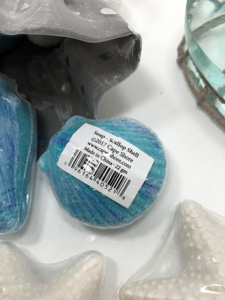SEAGLASS SOAP DISH W/SEA-THEMED SOAPS.