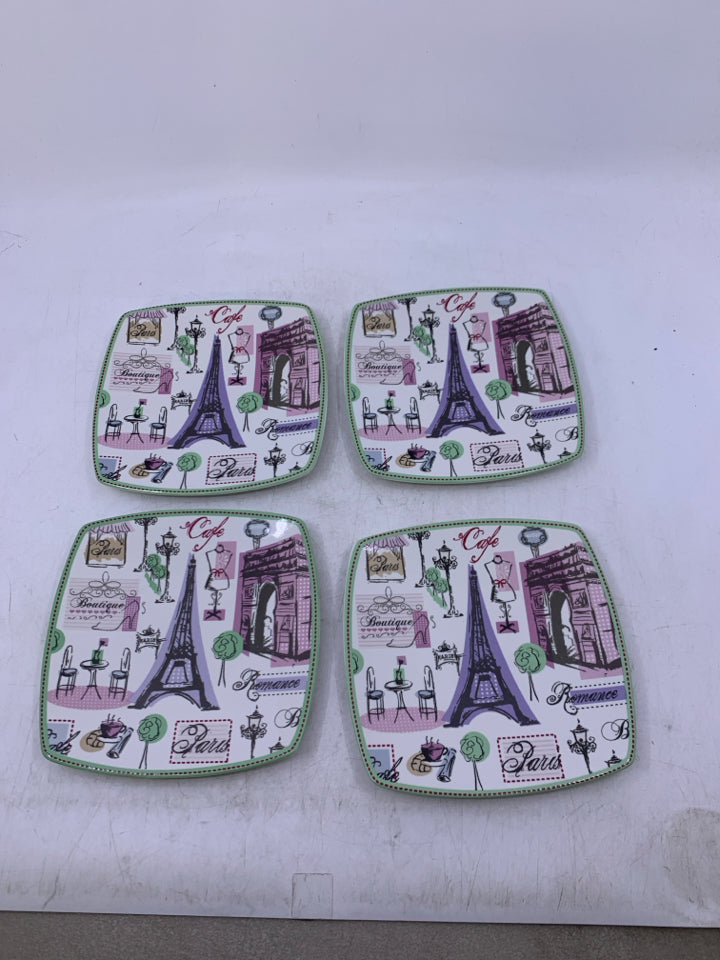 4 PARIS THEMED APPETIZER PLATES.