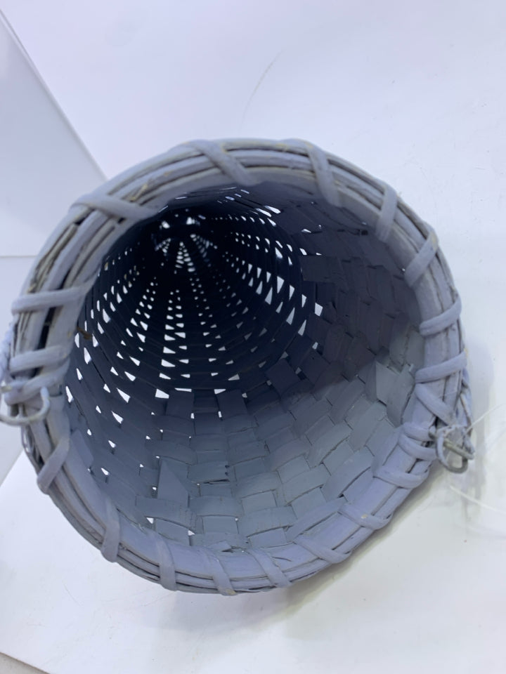 BLUE WICKER CONE BASKET HANGING.