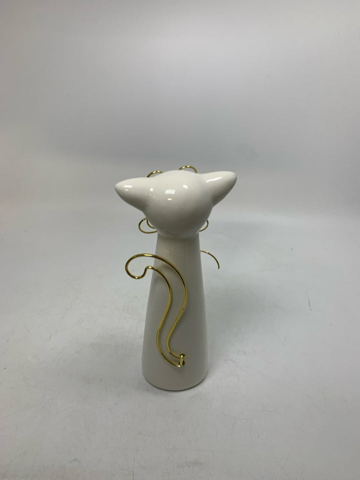 WHITE CERAMIC CAT W/ GOLD METAL GLASSES.