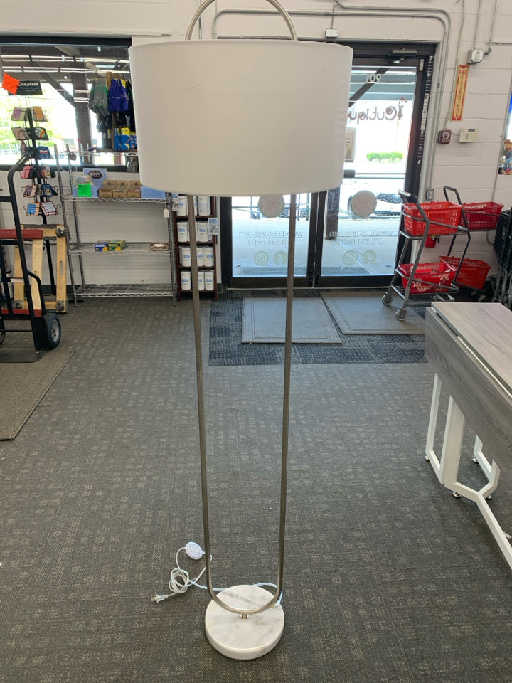 MARBLE BASE FLOOR LAMP W/ SILVER METAL LARGE WHITE SHADE.