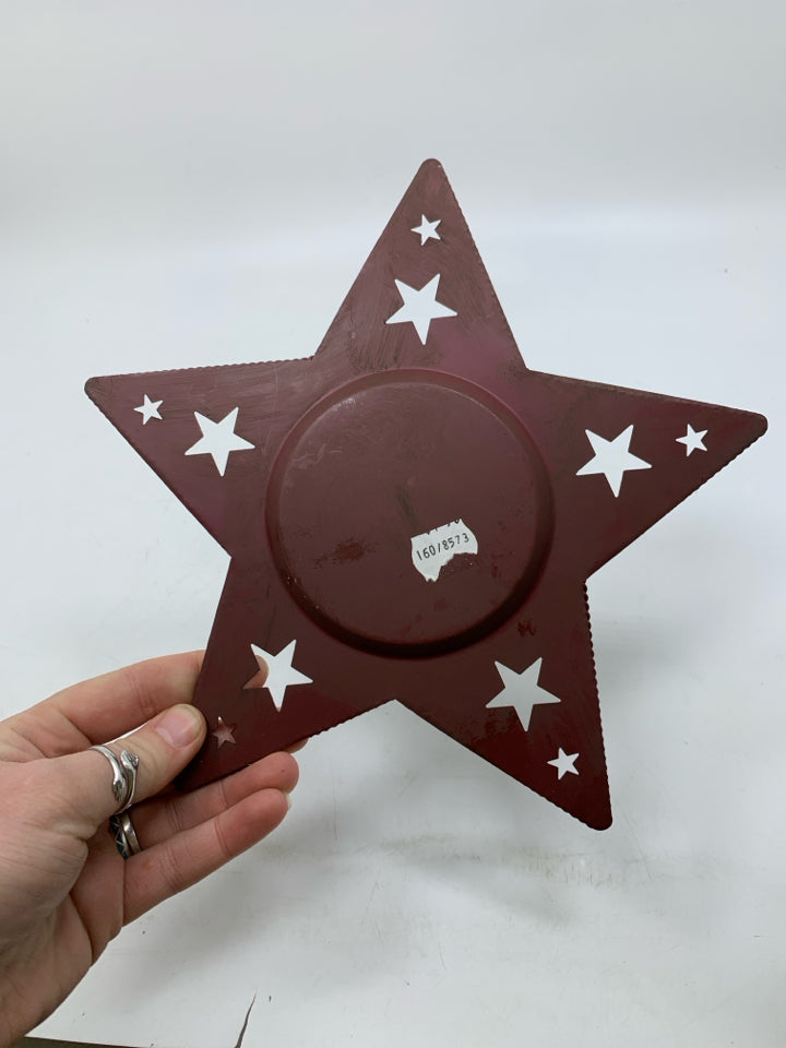 STAR SHAPED METAL CANDLE PLATE W/ PIERCED STARS.