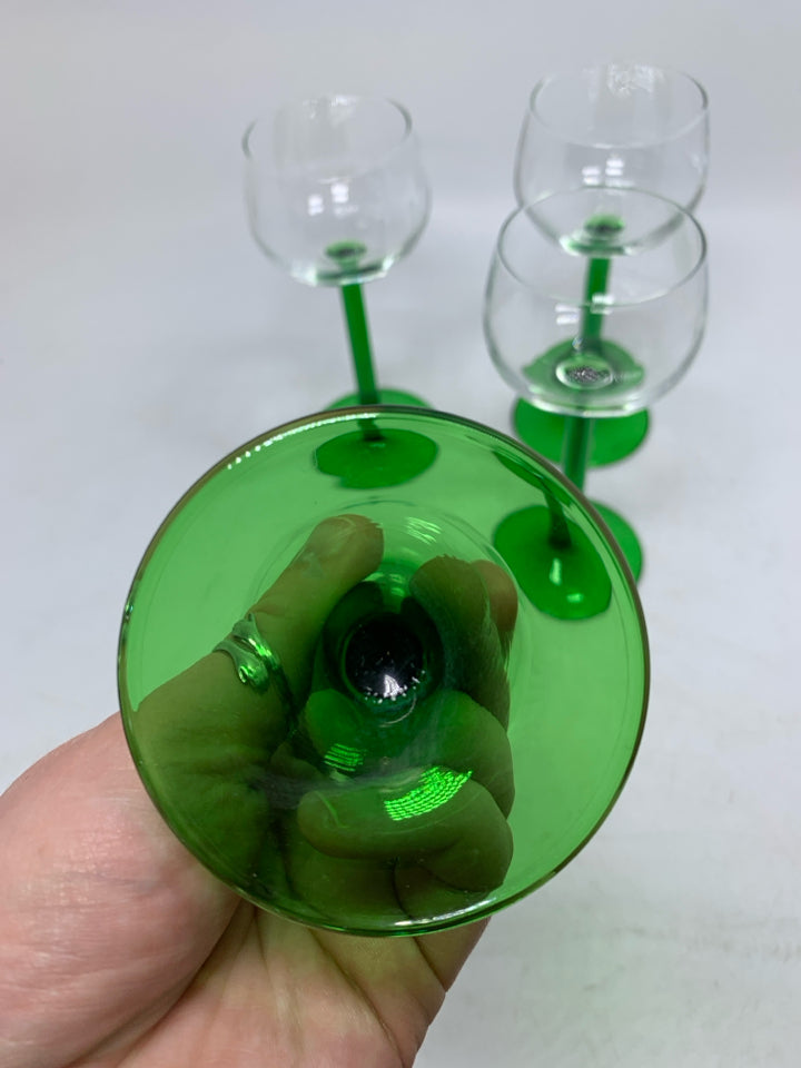 4 GREEN LONG STEM SMALL WINE GLASSES.