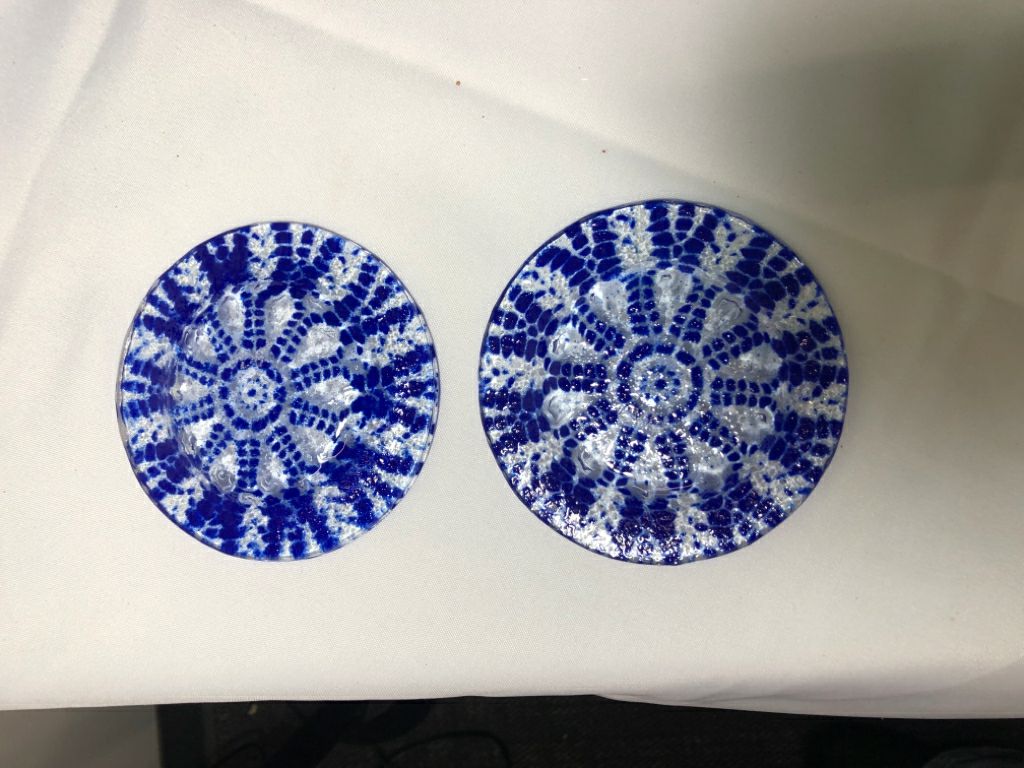 2 BLUE/ CLEAR FUSED GLASS BOWLS.