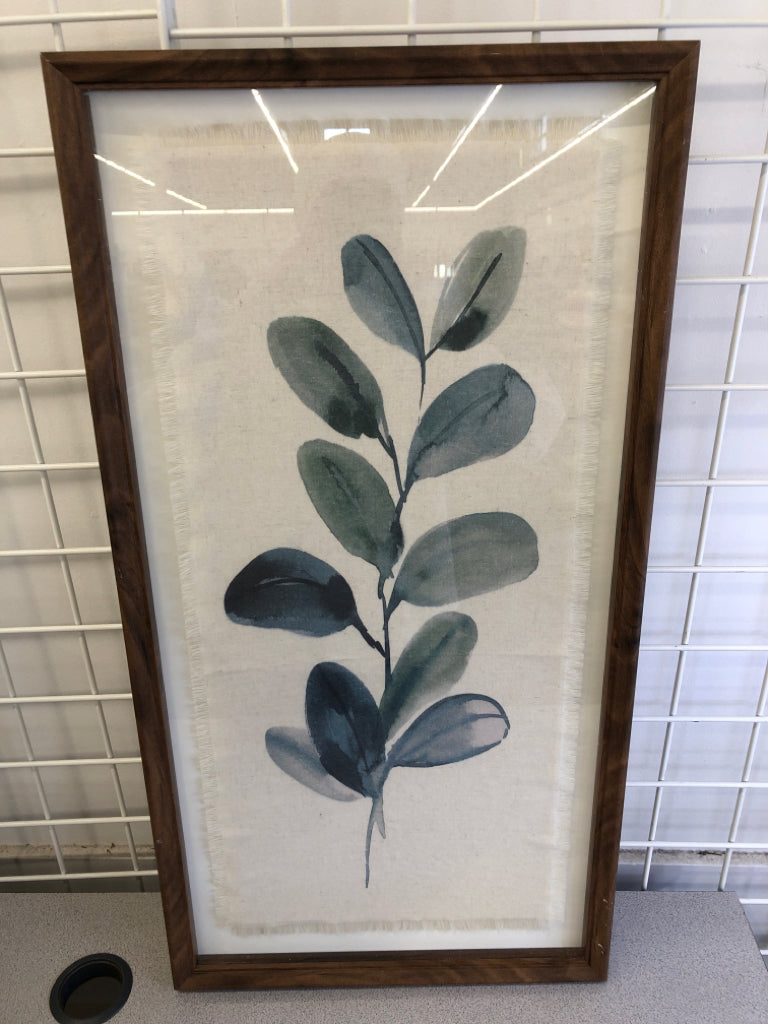 BLUE & GREEN ROUND LEAVES FRAMED PRINT ON CLOTH.