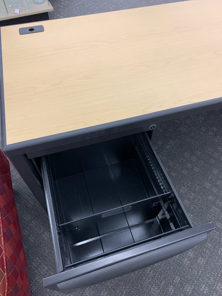 BLACK DESK W/ 2 FILING DRAWERS & WOODEN TOP.