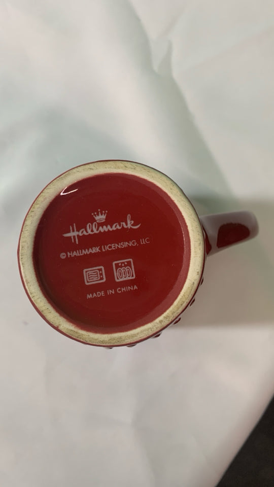 RED TALL MUG W/ EMBOSSED SNOWMAN.