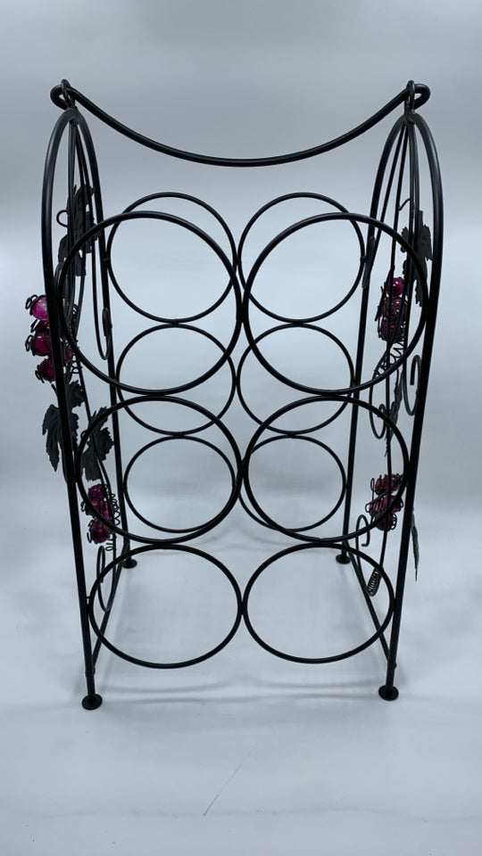 BLACK METAL WINE RACK W/BEADED GRAPES.