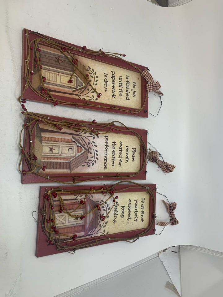 3 PRIMITIVE STYLE OUTHOUSE SAYINGS W/ PIP BERRIES.